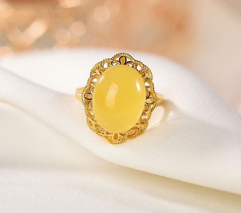 Amber Beeswax Ring for Women 100% Real Natural Gemstones Jewelry Real 925 Silver - แหวนทั่วไป - เงินแท้ สีเงิน