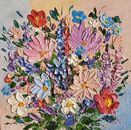 TatyanaZarArt 油画鲜艳的花朵洋甘菊罂粟Impasto艺术微型6x6英寸