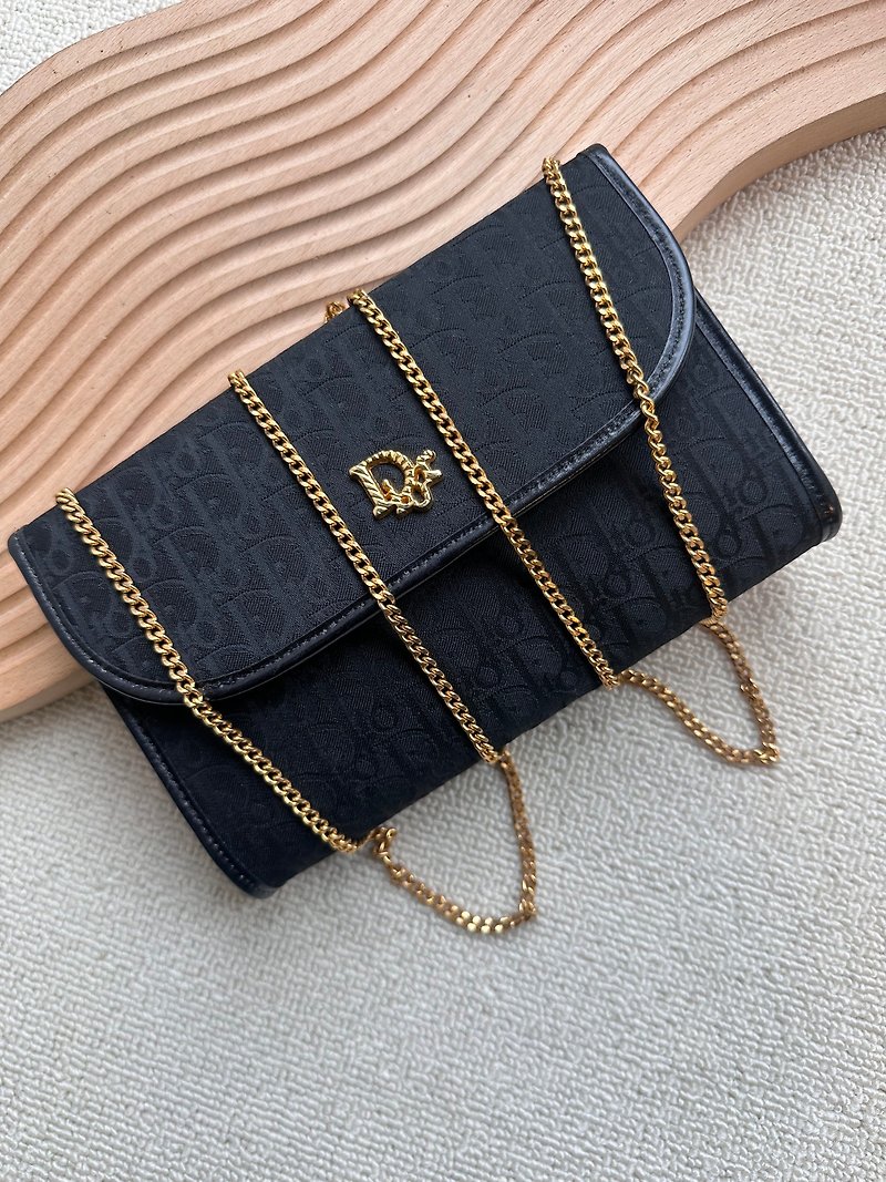 Second-hand bag Vintage Christian Dior black dark pattern presbyopic chain bag - กระเป๋าแมสเซนเจอร์ - หนังแท้ สีดำ