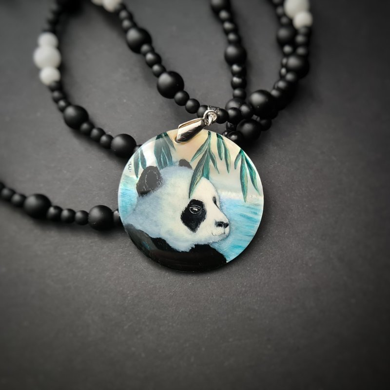 Necklace panda with bamboo Painting Christmas Gift Wrapping Shungite beads - Necklaces - Pearl White