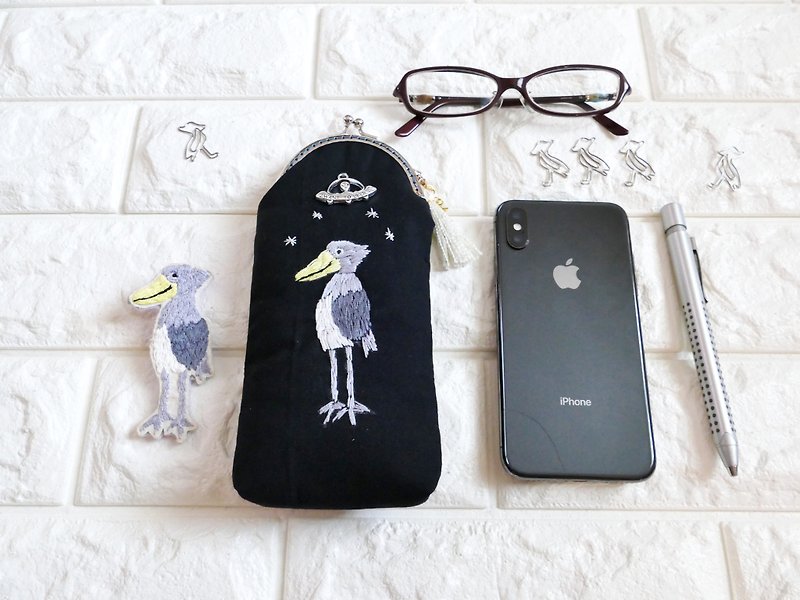 Embroidered pen case is a shoebill - Pencil Cases - Cotton & Hemp Black