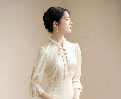 初蟬 新中式 醋酸收腰顯瘦氣質中國風連衣裙洋裝
