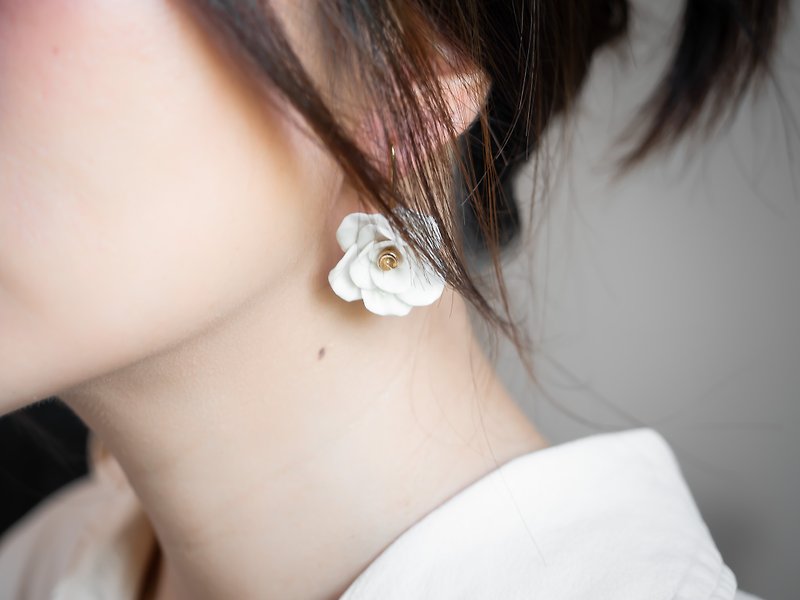 Rose Porcelain Hook Earrings - Sterling Silver 925 - Earrings & Clip-ons - Porcelain White