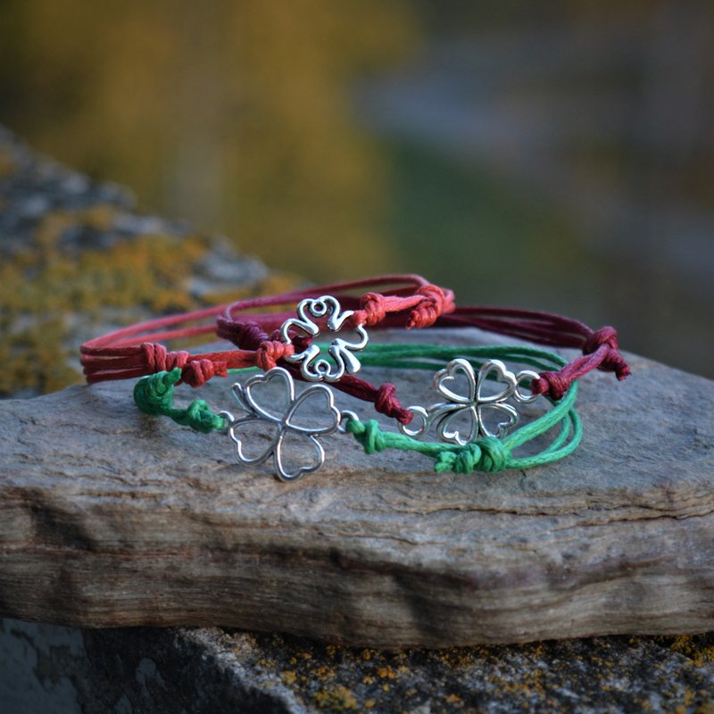 四葉草串腳鍊 Adjustable cord ankle bracelet Talisman wristle - 手鍊/手環 - 棉．麻 多色