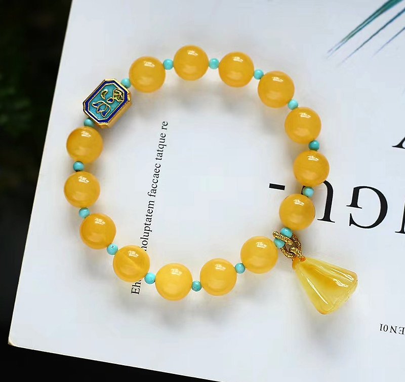Quality natural honey Wax turquoise beads 10MM Bracelet with ancient gold ornament natural honey Wax lotus pendant - สร้อยข้อมือ - เครื่องเพชรพลอย 