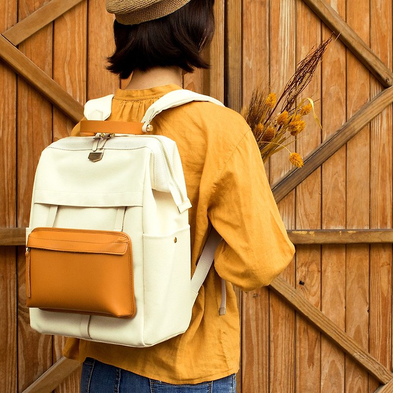 Double Plan detachable leather small bag canvas backpack / brown - กระเป๋าเป้สะพายหลัง - ผ้าฝ้าย/ผ้าลินิน สีส้ม
