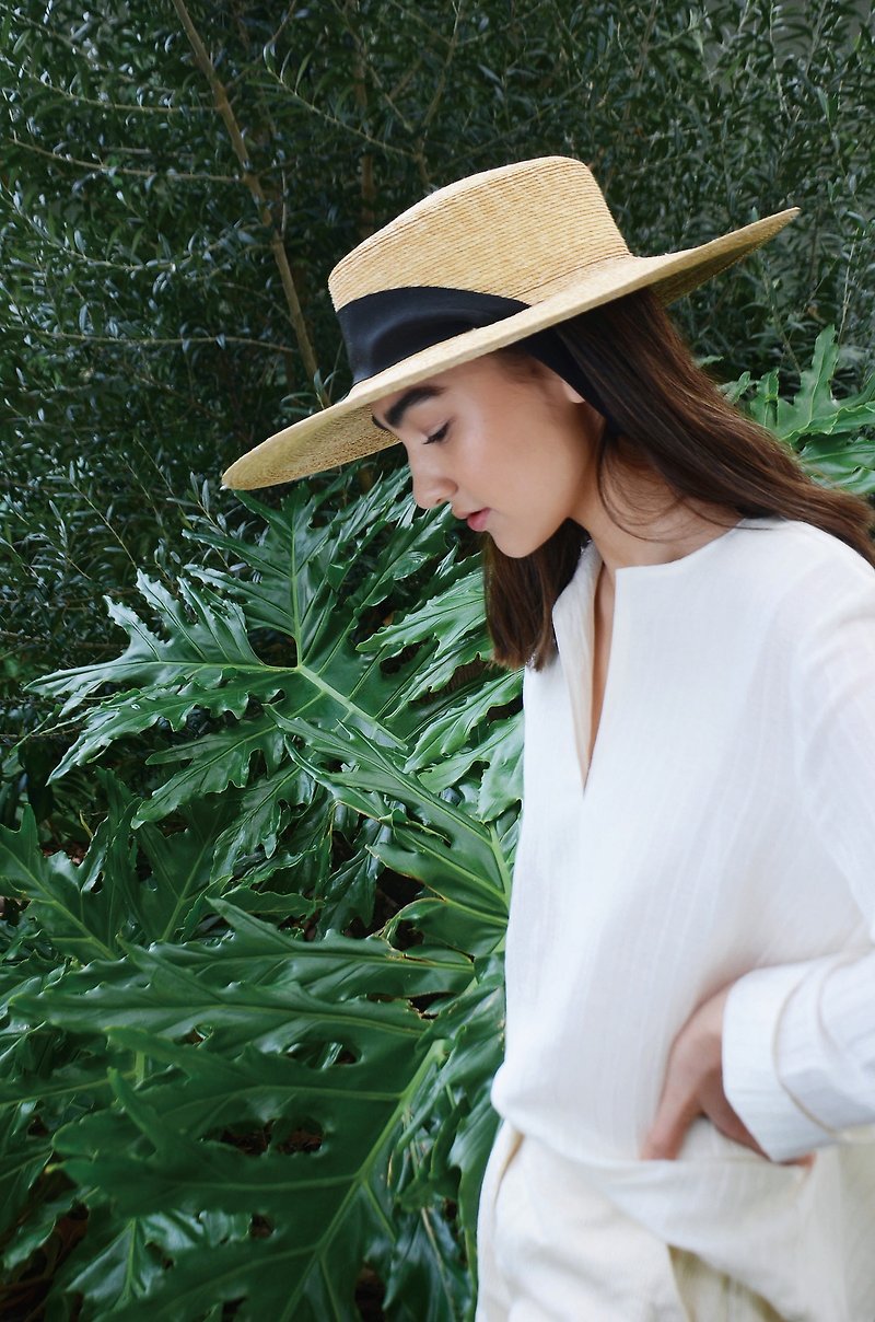 Wide Brimmed Boater Hat with long ribbon Amal - Pinkoi