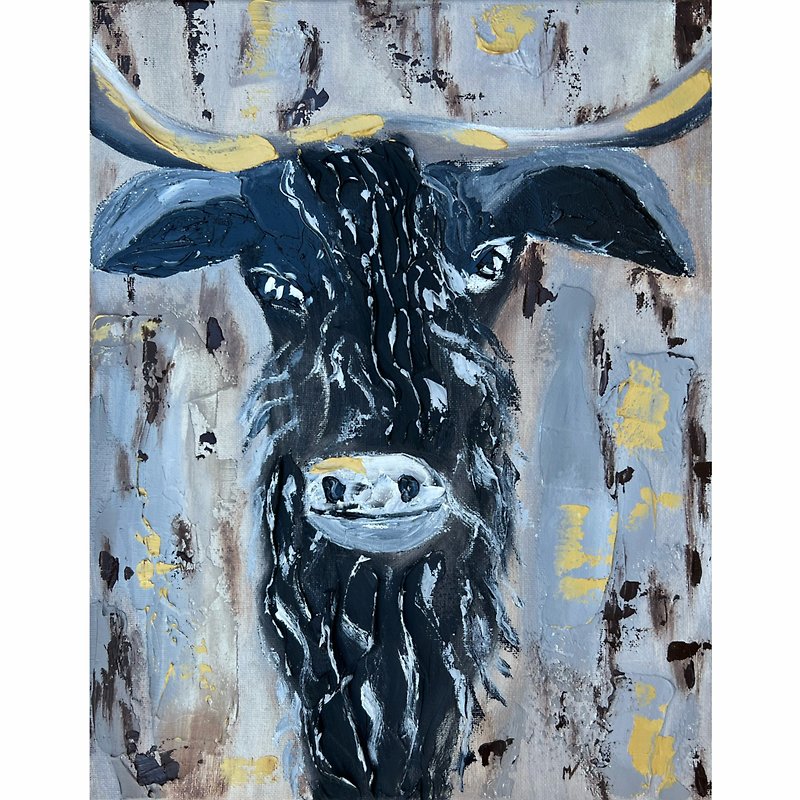 Bull Painting Cow Wall Art Original Canvas 3d Impasto Oil Gold Gray Artwork Abst - โคมไฟ - วัสดุอื่นๆ หลากหลายสี
