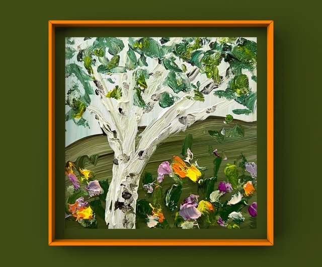 白樺の絵画 オリジナルアート 小さな白樺の木 油絵 厚塗り 野の花 白樺の絵画 オリジナルアート 小さな白樺の木 油絵 厚塗り 野の花