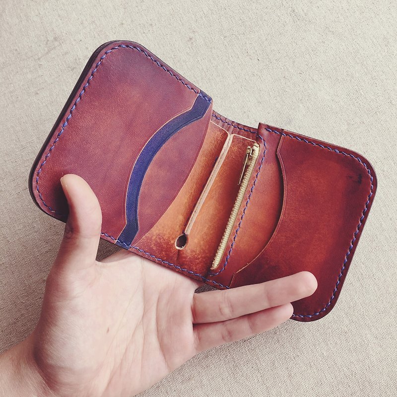 Small short clip wallet Italy imported vegetable tanned leather contrast color dyeing handmade leather design customized - กระเป๋าสตางค์ - หนังแท้ 