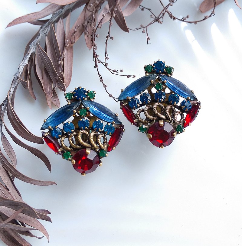 Vintage Jewelry 西洋古董飾品 WEISS 藍紅調 優雅萊茵 夾式耳環 - 耳環/耳夾/耳骨夾 - 其他金屬 金色