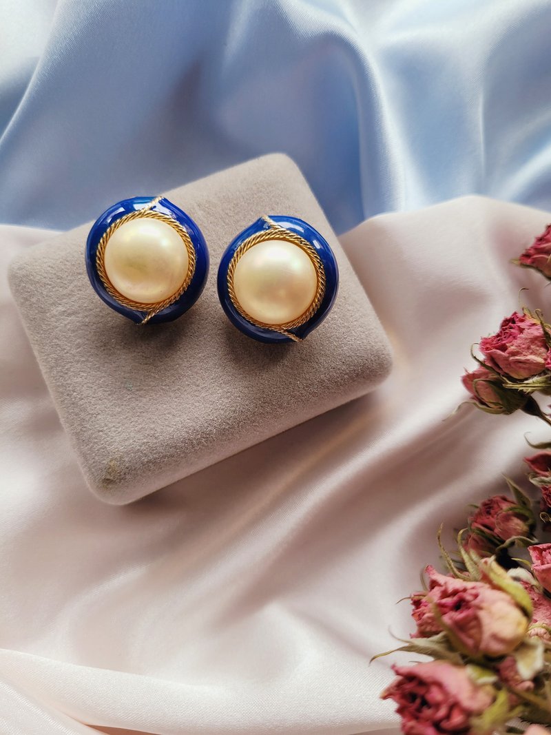 アメリカンウエスタンアンティークジュエリー/ CINERロイヤルブルーエナメルパールクラシックファッションノンホールピアスイヤリング - ピアス・イヤリング - 金属 