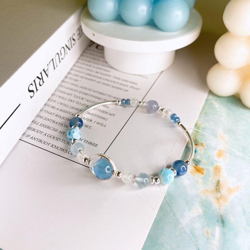 Island Wave La Lima Sea Stone Aquamarine Sapphire Blue Stone 925 Sterling Silver Crystal Bracelet - สร้อยข้อมือ - คริสตัล สีน้ำเงิน