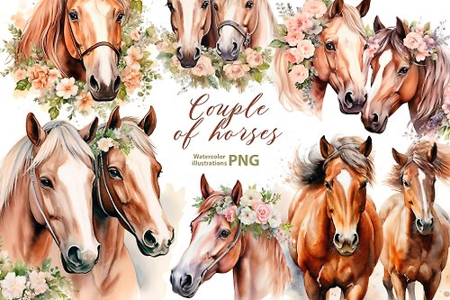 Natali Mias Store Watercolor Horse couple clipart set, 10 Png, Horses and flowers vintage Clipart