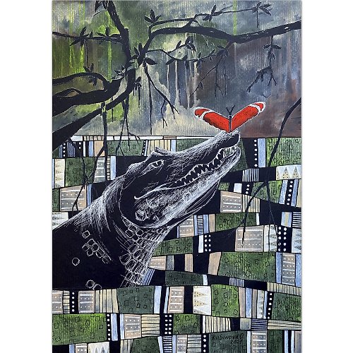 Rubinova Art Alligator art Crocodile original painting Black paper artwork Ethnic wall art