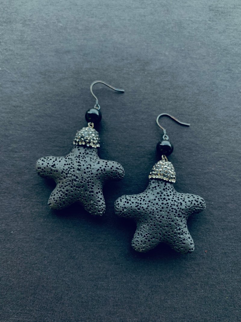 Black agate, crystal diamond, volcanic rock mine starfish shape, 925 white fungus hook - Earrings & Clip-ons - Semi-Precious Stones Black