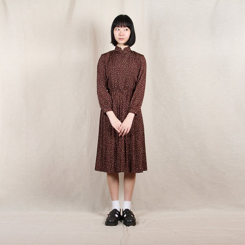[Vintage] chocolate egg plant dish girl collar print vintage dress - One Piece Dresses - Polyester Brown