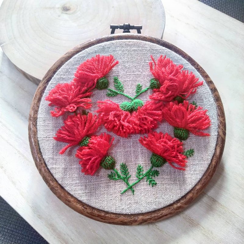 立体刺繡ぶら下げ絵画-ハートブロッサム - フォトフレーム - 刺しゅう糸 カーキ