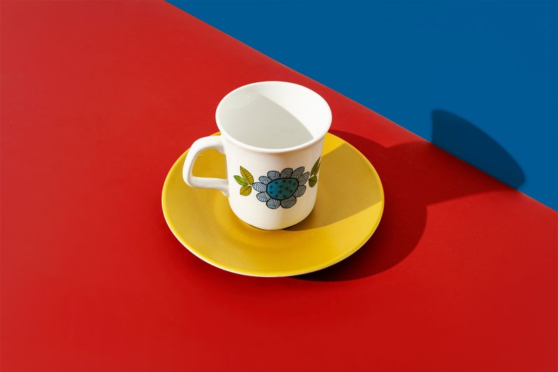 Made in England ー 1960s Blue Flower✕ Yamabuki Yellow Antique Cup and Plate Set - ถ้วย - ดินเผา สีส้ม