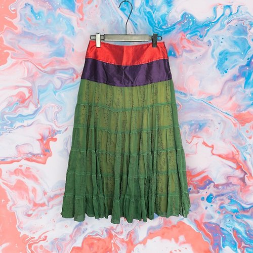 蘿綺莉蕾芭索 二手 綠色 挖皺薄紗 刺繡 拼接 彩色 傘狀 高腰 28 長裙 G105