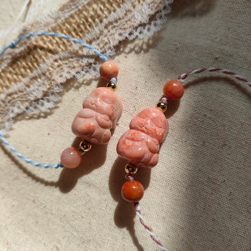 Lucky Bracelet/Coral Jade Bunny/Silk Wax Thread/Handmade Tie Rope - สร้อยข้อมือ - วัสดุอื่นๆ หลากหลายสี