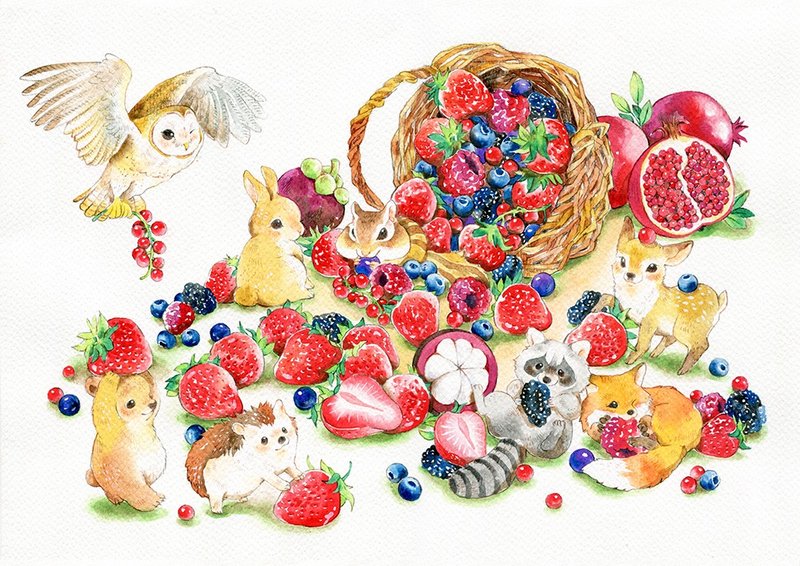 A4ミニポスター+ポストカード - 春の訪れ (水彩画) - 鹿/アライグマ/キツネ/リス/ハリネズミ/ウサギ/フクロウ - ポスター・絵 - 紙 多色