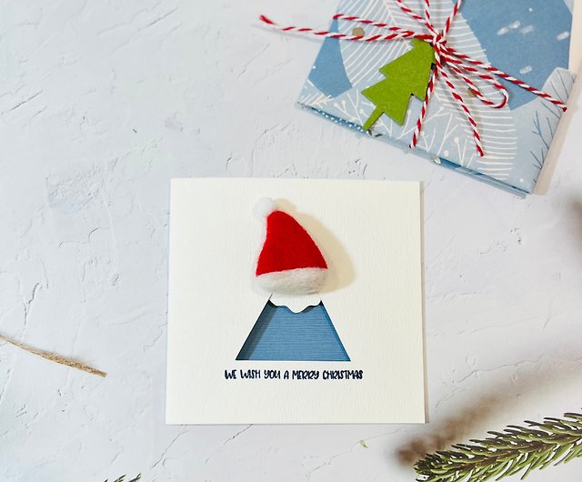 手作りカード】クリスマス帽子をかぶった富士山/羊毛フェルト