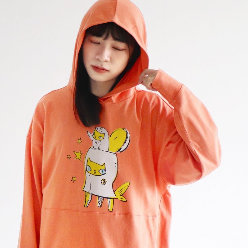 Cat candy and stars - unisex hoodie - Women's Tops - Cotton & Hemp Orange