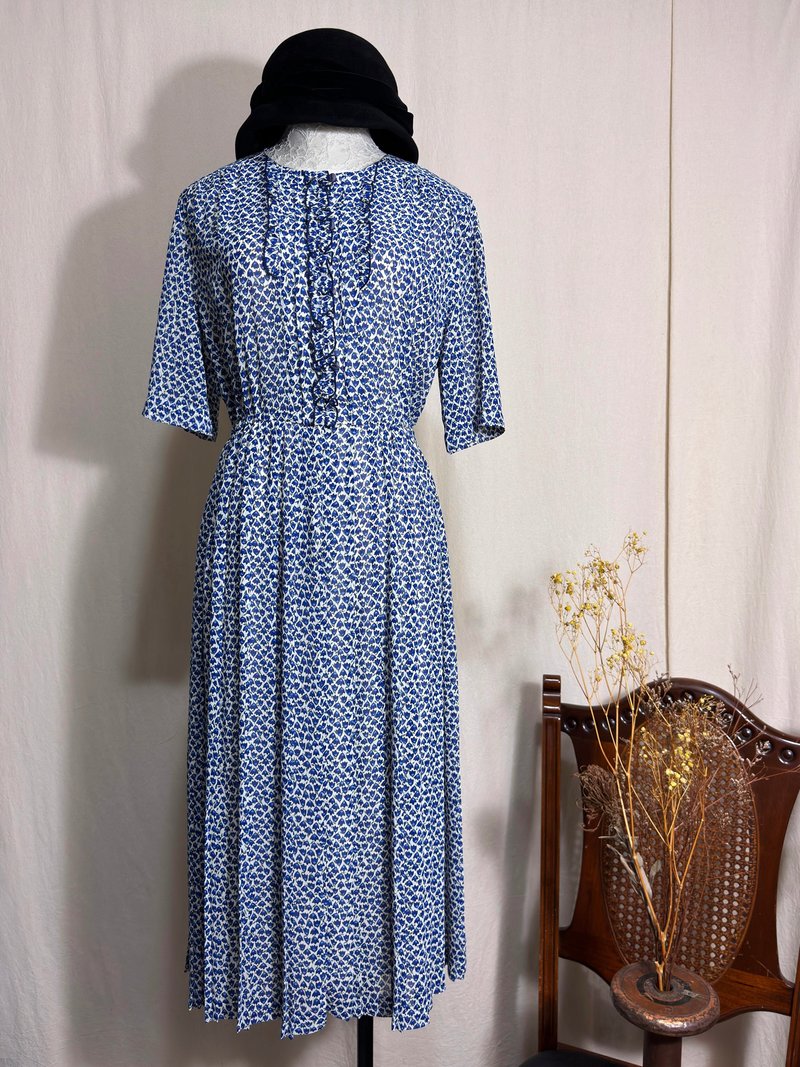 Ruffled blue flower short-sleeved vintage dress/brought back to VINTAGE from abroad - One Piece Dresses - Polyester Blue