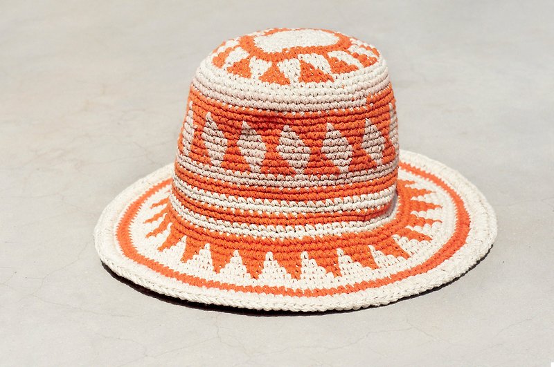 限量一件 手工編織棉麻帽/編織帽/漁夫帽/遮陽帽/草帽 - 三角形幾何編織 - 帽子 - 棉．麻 橘色