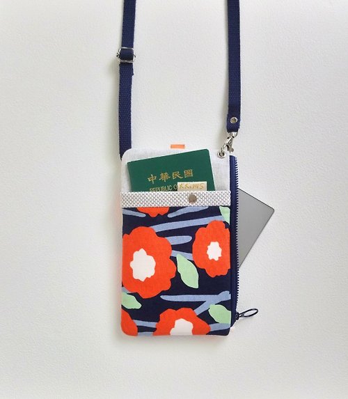 KKiMS 【FPH/3Way手機袋/斜背包】和風大花 藍底橘花 法國銀蔥 刺子布
