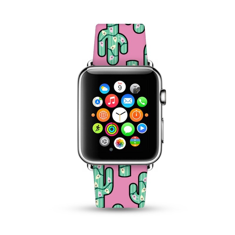 可愛仙人掌案圖 Apple Watch 真皮手錶帶 38 40 42 44 mm -035 - 錶帶 - 真皮 粉紅色