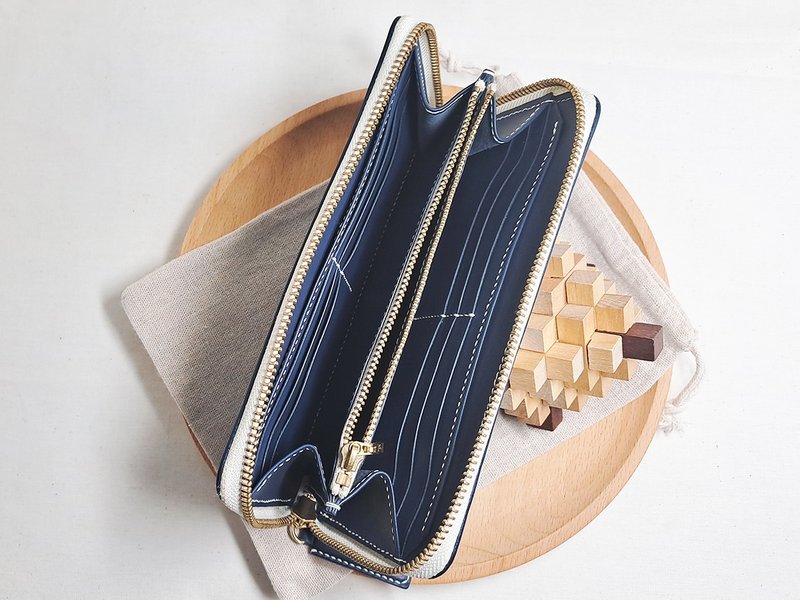 U-shaped zipper long clip indigo can be customized - Wallets - Genuine Leather Blue