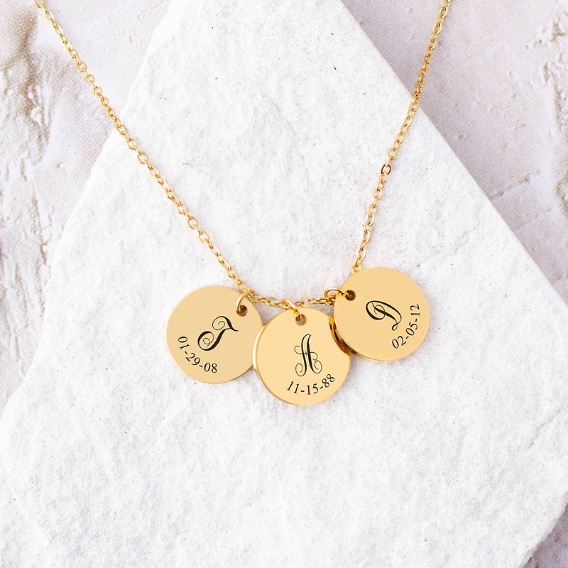 Name Date Necklace Custom Name Necklace Engrave Circle Name Tag Birthday Gift - สร้อยคอ - โลหะ สีเงิน
