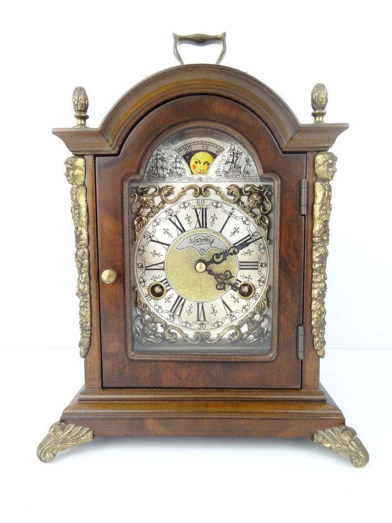 Antique Vintage Dutch Mantel Clock Warmink Wuba Shelf Bracket Moon Phase 8 day - 時鐘/鬧鐘 - 木頭 咖啡色