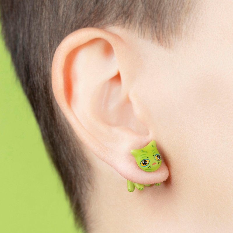 Creature Black Lagoon Earrings - Cute Jewelry for Cat Lovers - Handmade Art - ต่างหู - วัสดุอื่นๆ สีเขียว