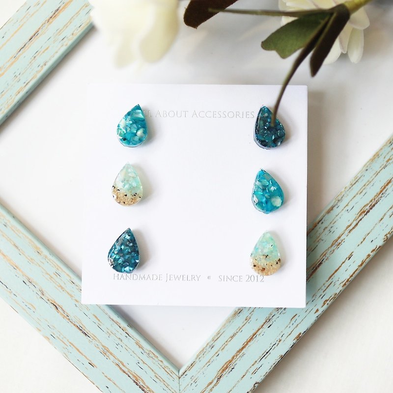 Summer Ocean Series - water droplets shell Stone six earrings set - ต่างหู - โลหะ หลากหลายสี