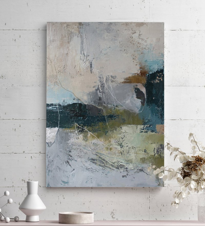 Blue and Green Painting | Gray Blue Green Art | Blue Green Abstract Art | Fall - 壁貼/牆壁裝飾 - 棉．麻 藍色