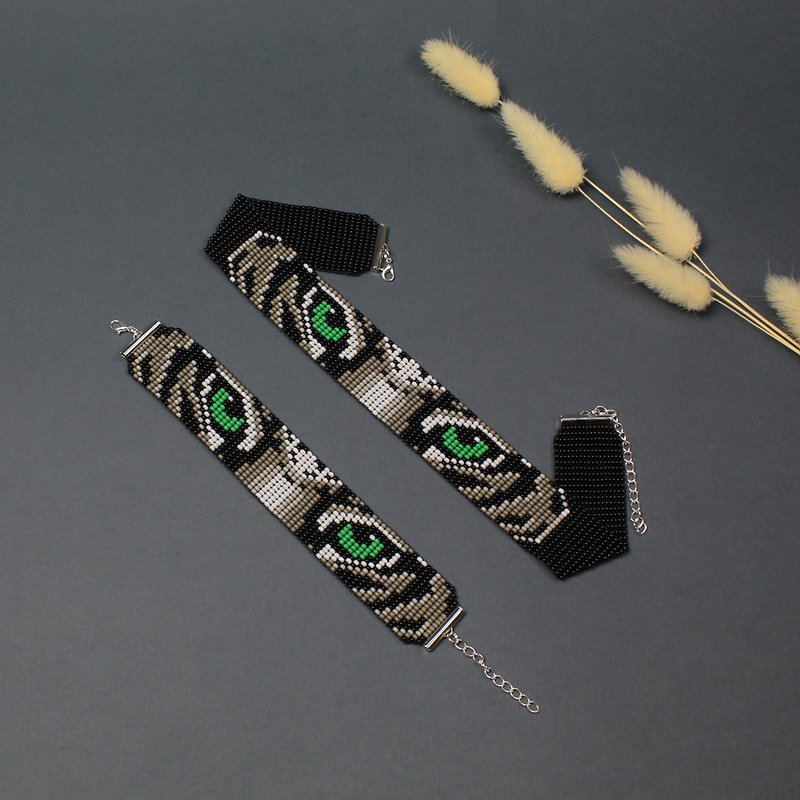 Jewelry set bead choker and bracelet - Chokers - Glass Gray