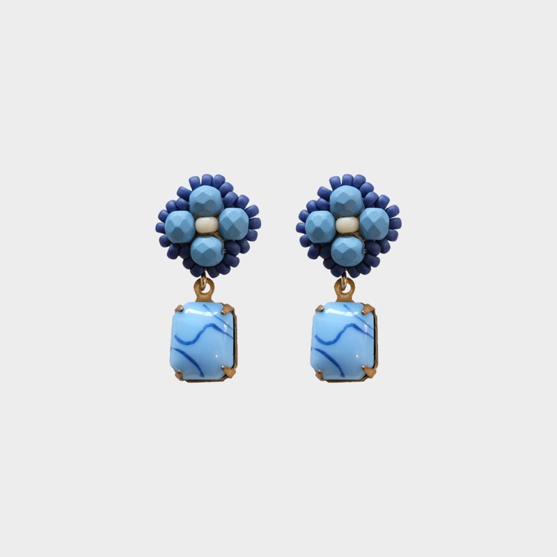 Light Blue Flower with Vintage Glass Pendent Earrings - ต่างหู - แก้ว สีน้ำเงิน