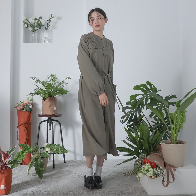 [SUMI x Canvas Bag Collaboration] Zhaolu_Morning Dew Lantern Sleeve Dress_22AF104_Olive - One Piece Dresses - Polyester Gray