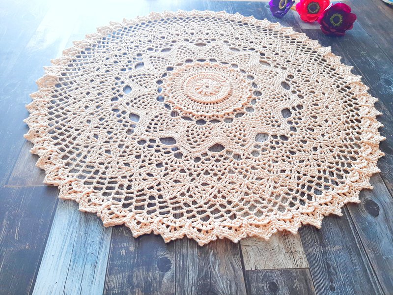 Handmade crocheted doily Lace table centerpiece Textured round doily - Other - Cotton & Hemp Pink