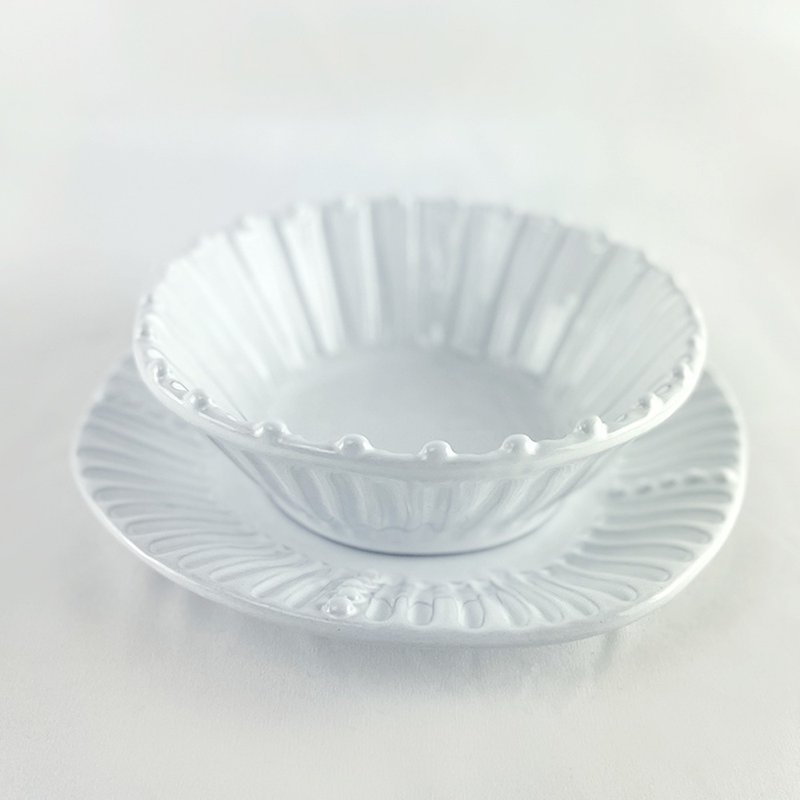 [Preferential Set] Italian VBC casa pure white stripe series 2-piece set (cereal bowl + salad plate) - จานและถาด - ดินเผา ขาว