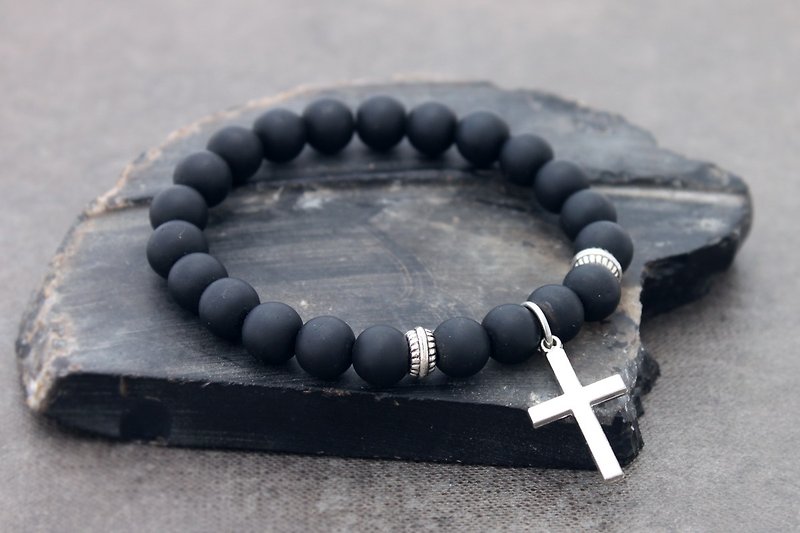 Onyx Beads Bracelets Mala Cross Charm Men Unisex Yoga Obsidian - Bracelets - Stone Black