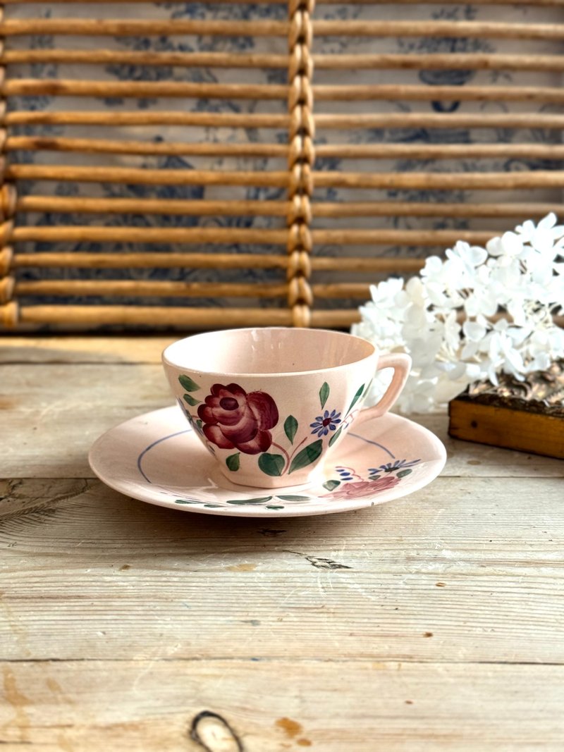 40332-Classic French Antique Sarreguemines DIGOIN Pink Teacup and Saucer - ถ้วย - เครื่องลายคราม 