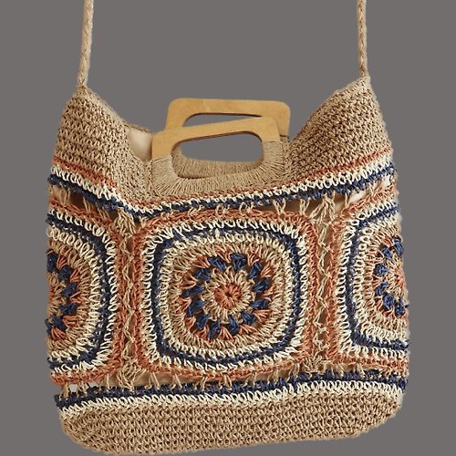 OgilHandMade Crochet Granny Square Straw Bag with Wooden Handles, Summer Straw Bag Tote,