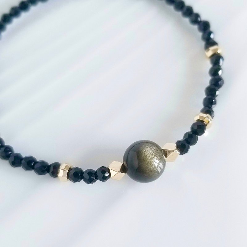 Golden Obsidian Black Spinel Minimalist Bracelet | August November Birthstone - สร้อยข้อมือ - คริสตัล สีดำ