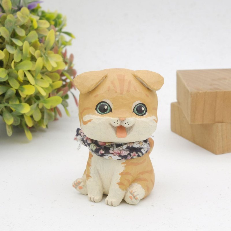 I want to be a room wood carving animal _ fold ear tabby cat (wood carving craft) - ตุ๊กตา - ไม้ สีส้ม