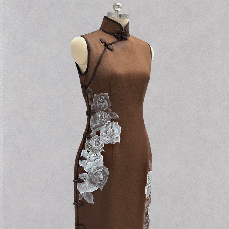 CHAELING Haute Couture Brown Hand-Painted White Rose Silk Chinese Cheongsam Long Dress - Qipao - Silk 