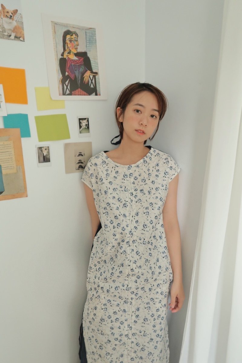 小藍碎花前後拼接洋裝 (附綁帶) - 洋裝/連身裙 - 棉．麻 藍色